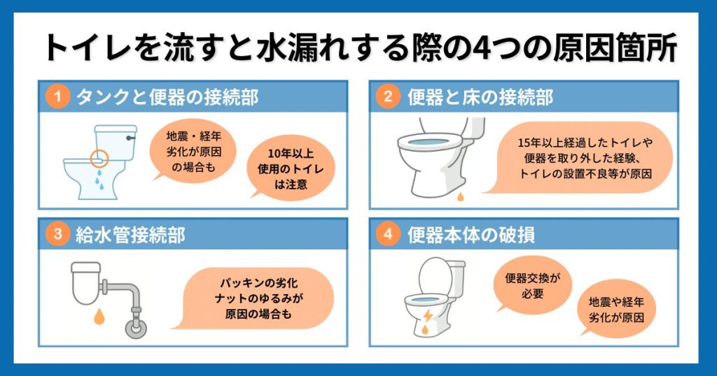トイレを流すと水漏れする際の4つの原因箇所